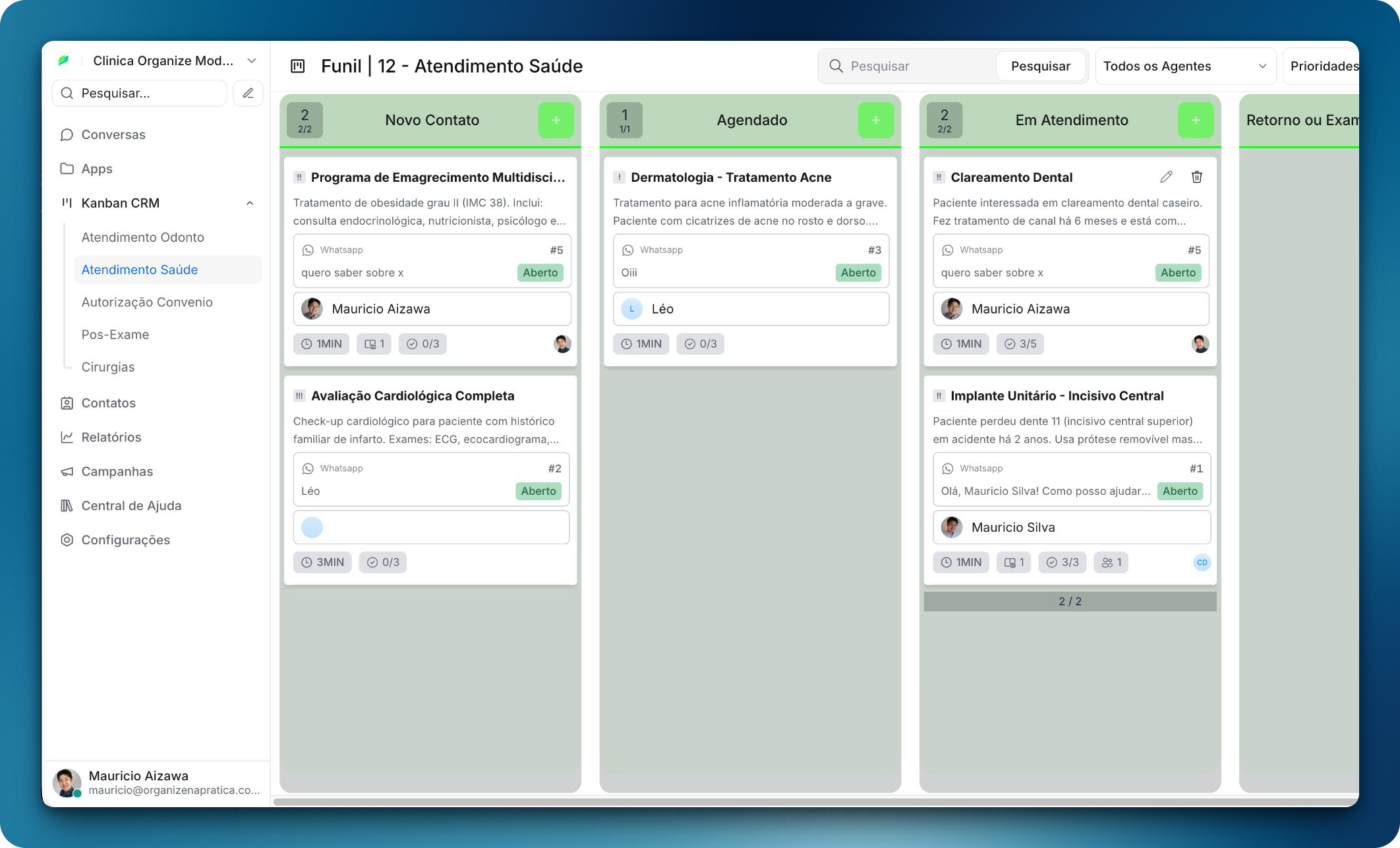 Kanban de atendimento do Organize.Chat