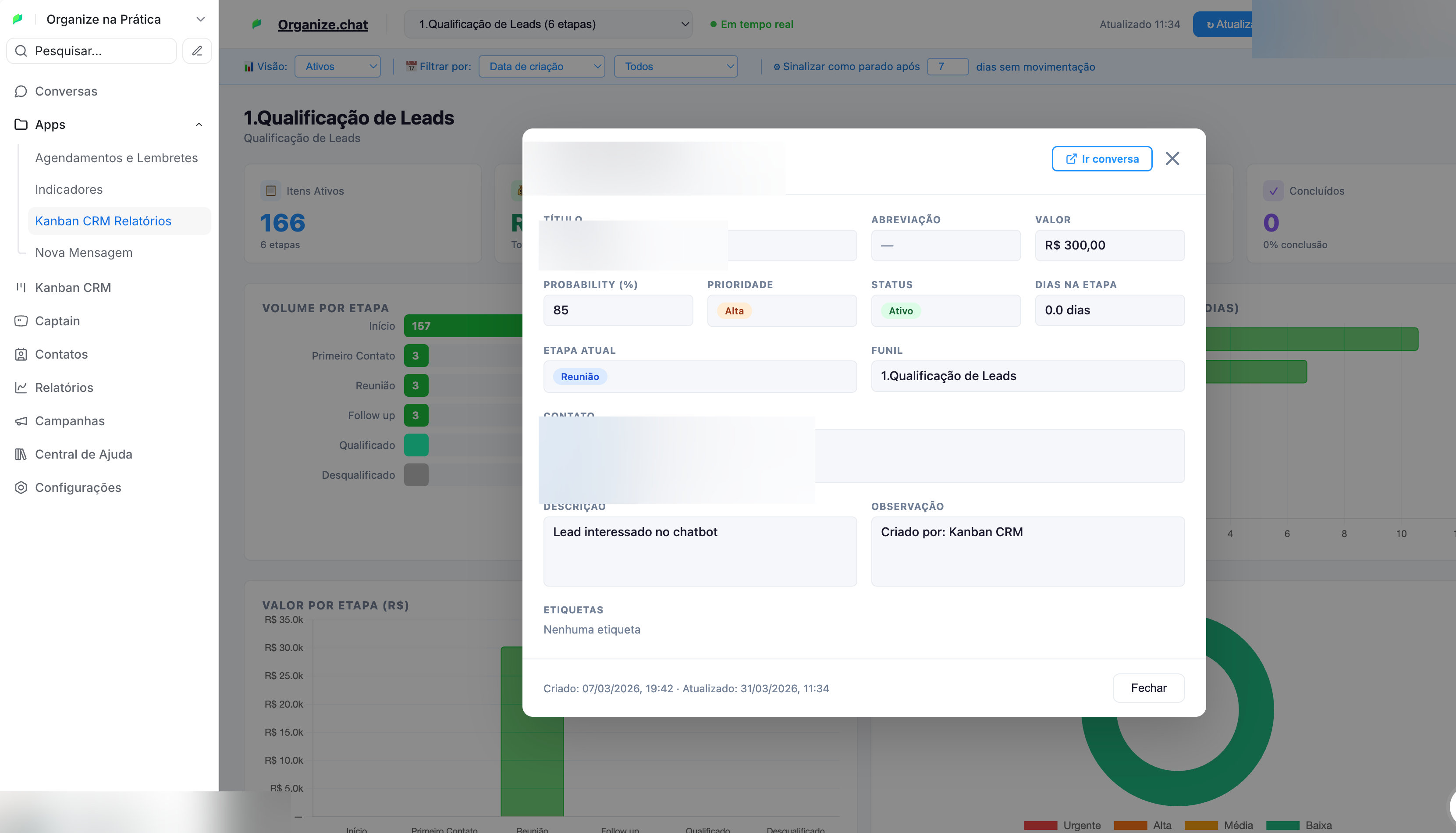 Ficha completa de um cliente no Kanban CRM do Organize.Chat