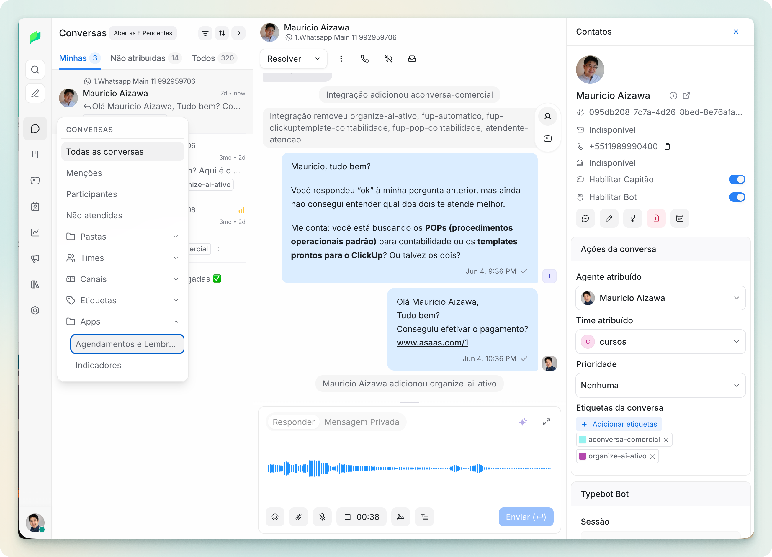 Interface principal do Organize.chat mostrando a central de conversas com gestão completa de atendimento WhatsApp